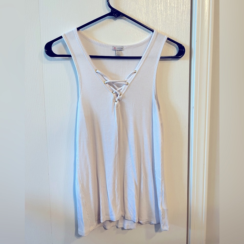 White ribbed tank, tie up v-neck